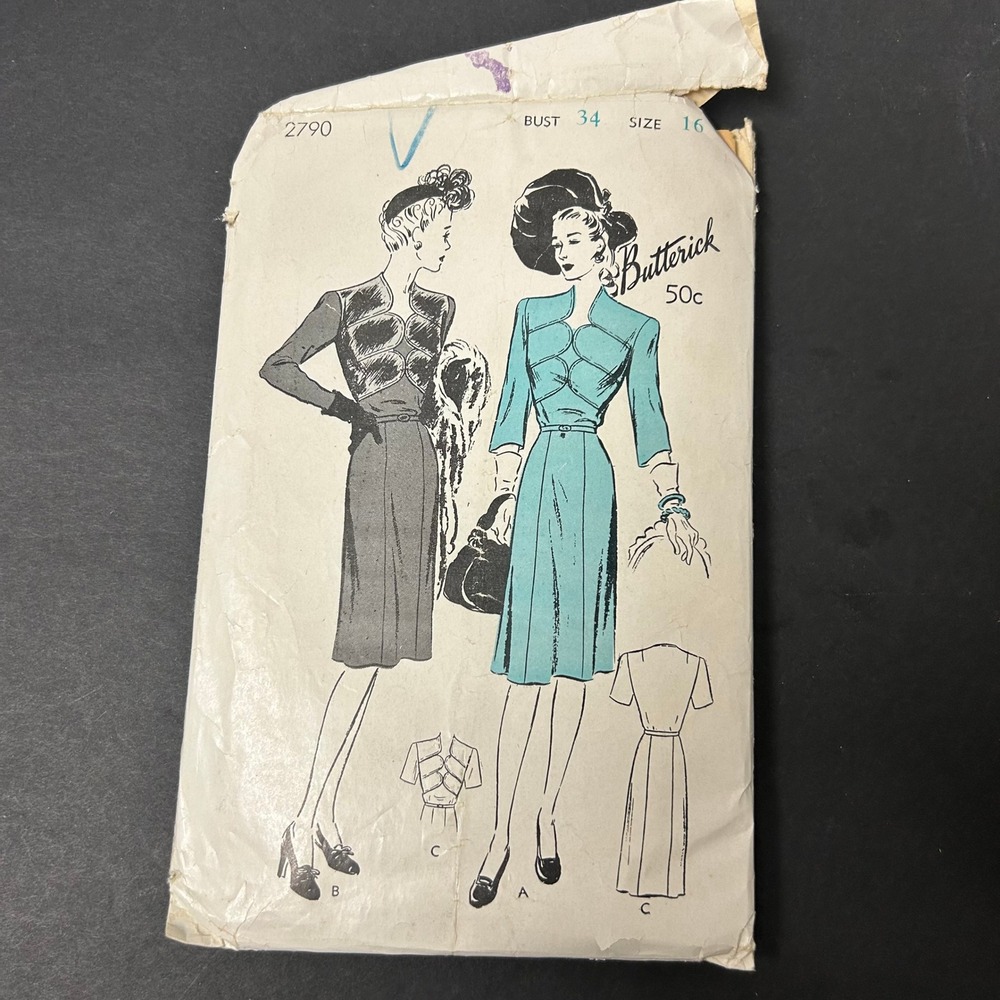 Vintage 40's Butterick Sewing Pattern 2790 Women Size 16 34 Bust Dress Frock HTF